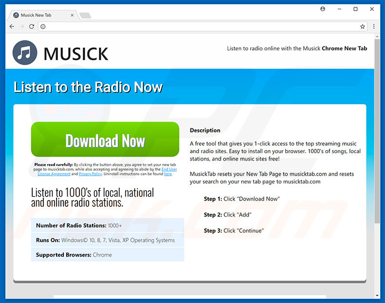 Website used to promote Musick Tab browser hijacker