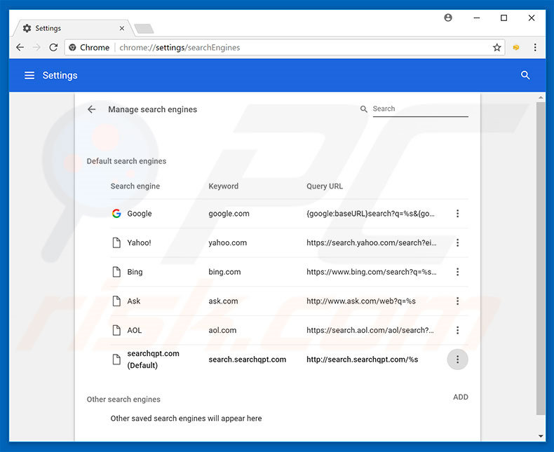 Removing search.searchqpt.com from Google Chrome default search engine