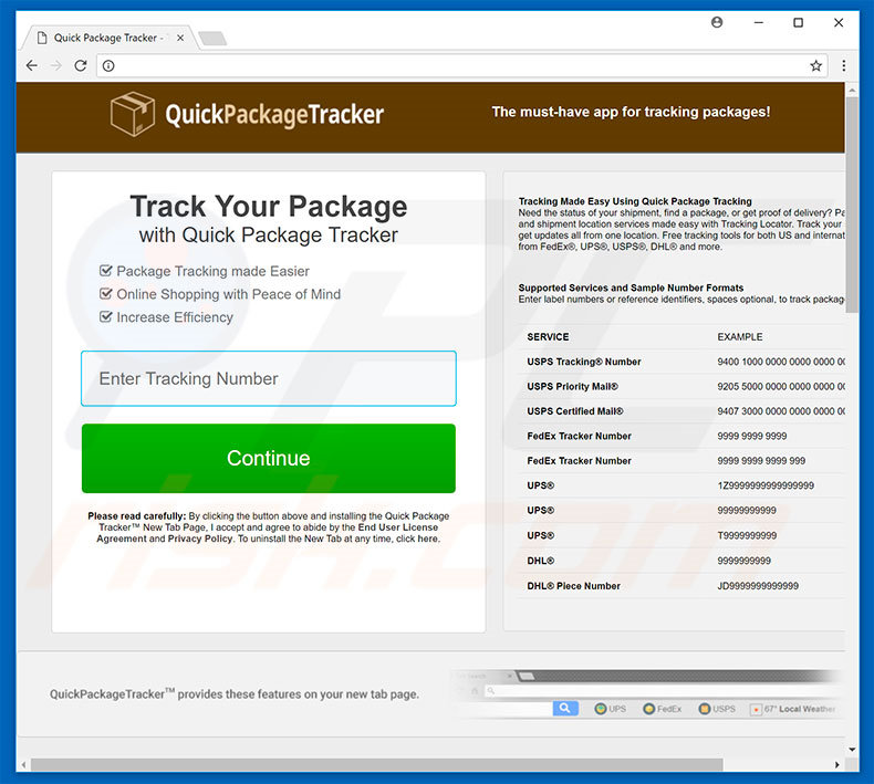 Website used to promote Quick Package Tracker browser hijacker
