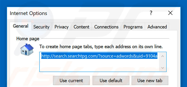 Removing search.searchtpg.com from Internet Explorer homepage