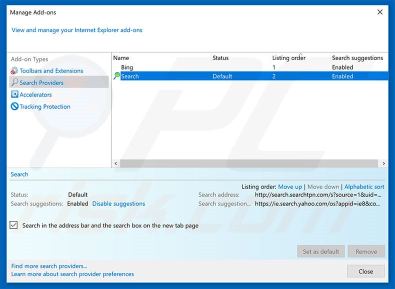 Removing search.searchtpn.com from Internet Explorer default search engine