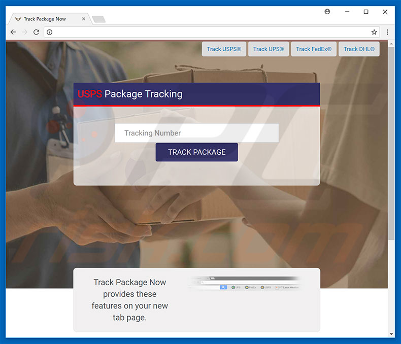 Website used to promote Track Package Now browser hijacker