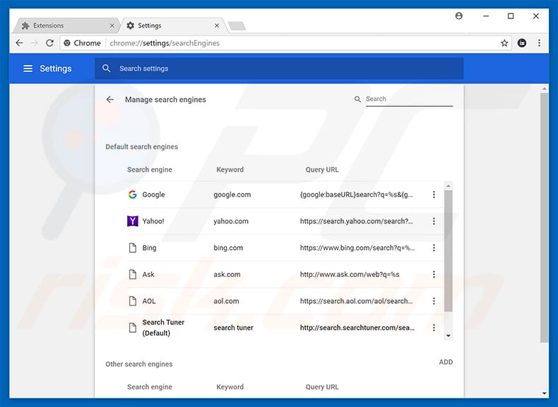 Removing searchtuner.com from Google Chrome default search engine