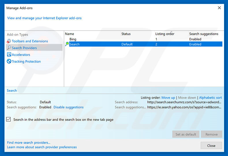 Removing search.searchumrz.com from Internet Explorer default search engine