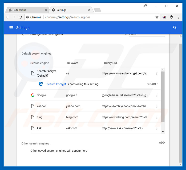 Removing search.searchwti.com from Google Chrome default search engine