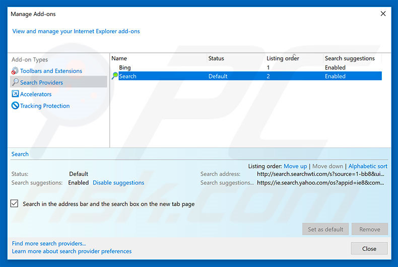 Removing search.searchwti.com from Internet Explorer default search engine