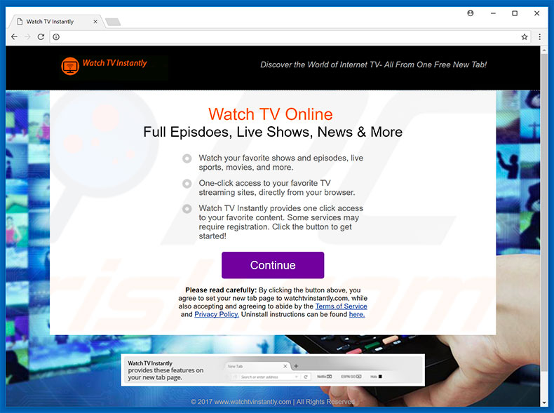 Website used to promote Watch TV Instantly browser hijacker