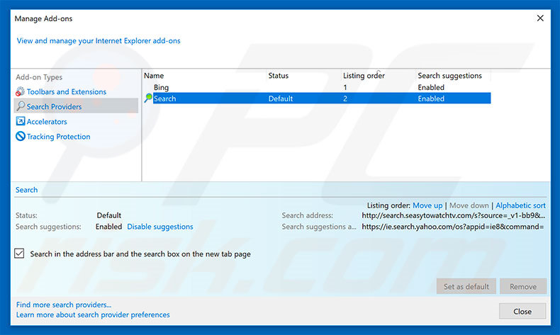 Removing search.seasytowatchtv.com from Internet Explorer default search engine