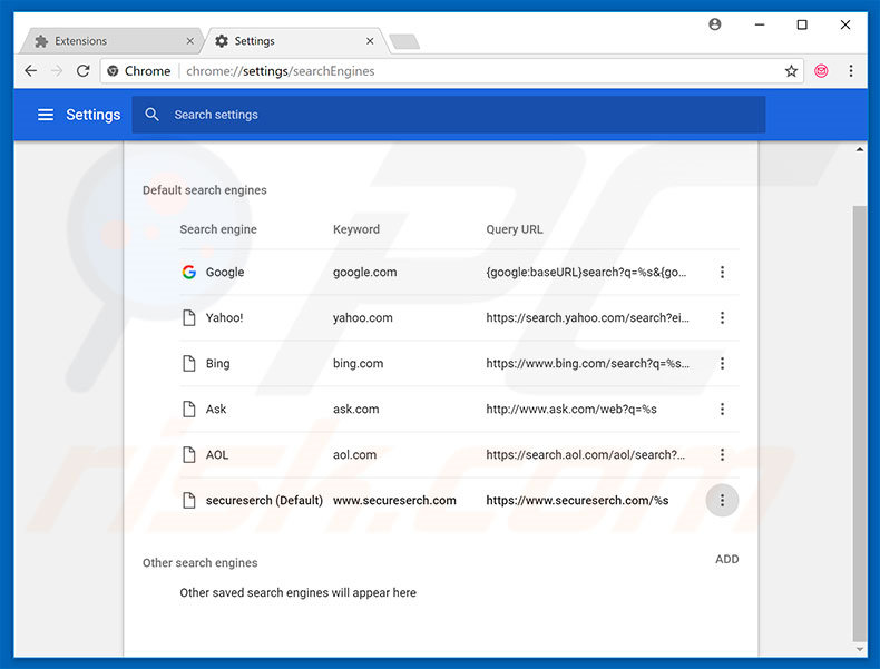 Removing secureserch.com from Google Chrome default search engine