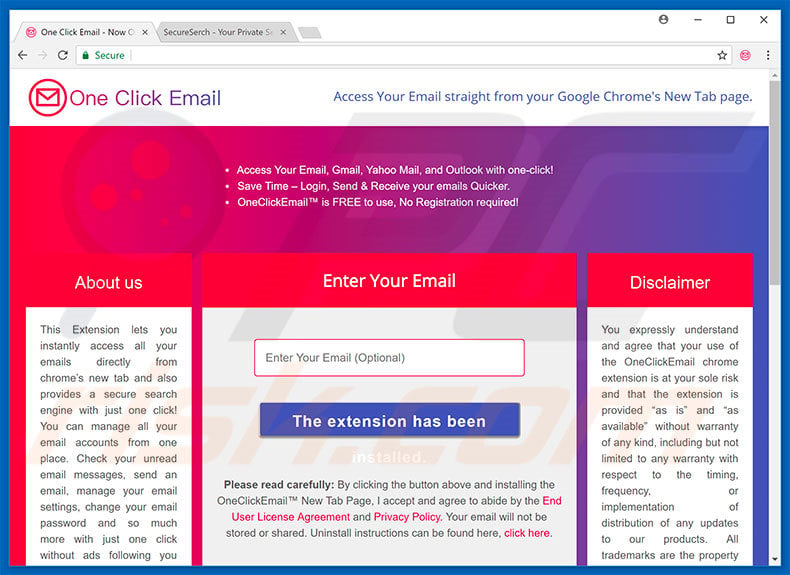 Website used to promote One Click Email browser hijacker
