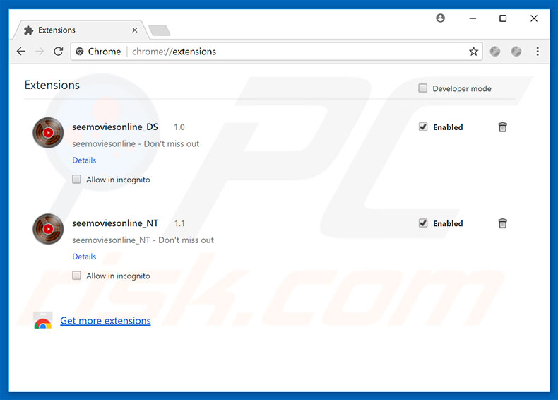 Removing search.seemoviesonline.stream related Google Chrome extensions