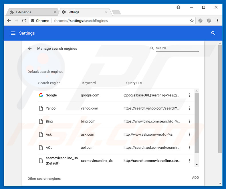 Removing search.seemoviesonline.stream from Google Chrome default search engine