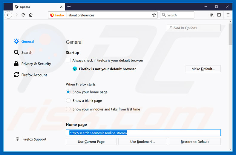 Removing search.seemoviesonline.stream from Mozilla Firefox homepage