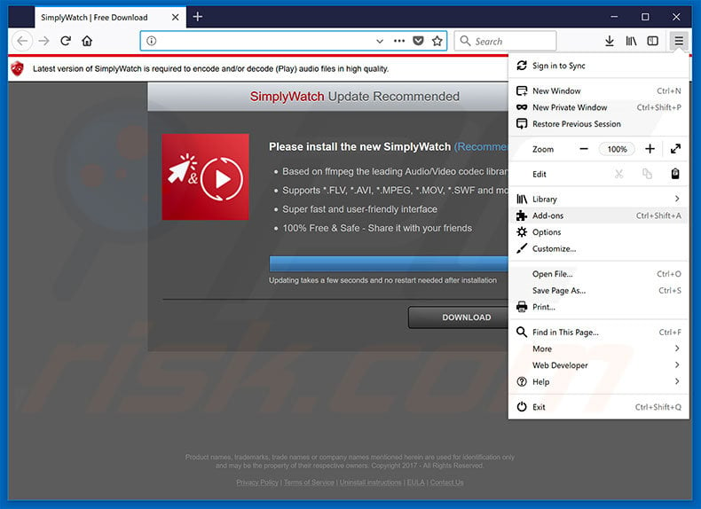 Removing SimplyWatch ads from Mozilla Firefox step 1