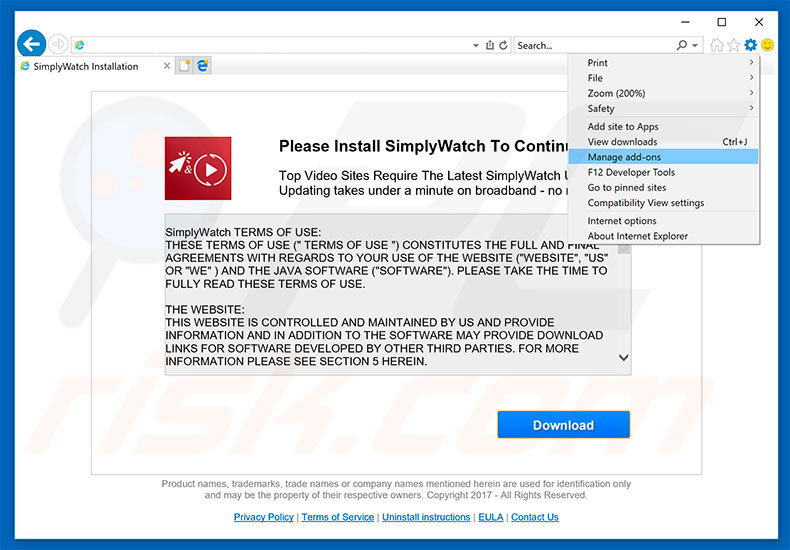 Removing SimplyWatch ads from Internet Explorer step 1