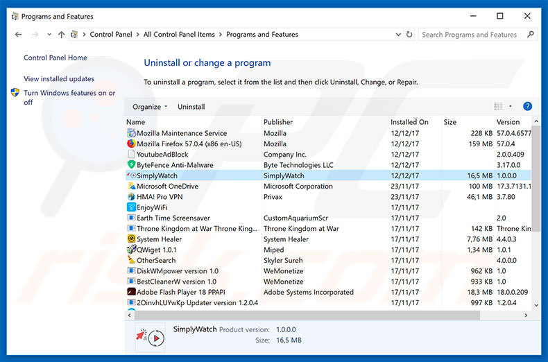 SimplyWatch adware uninstall via Control Panel