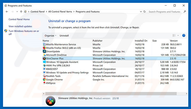 SlimCleaner adware uninstall via Control Panel