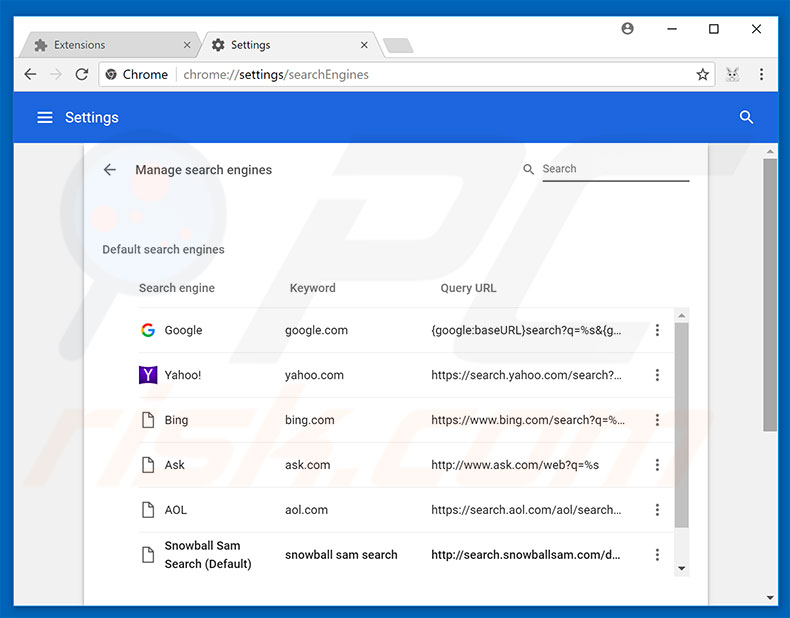 Removing search.snowballsam.com from Google Chrome default search engine