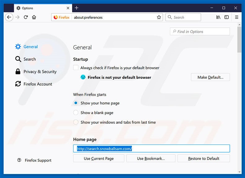 Removing search.snowballsam.com from Mozilla Firefox homepage
