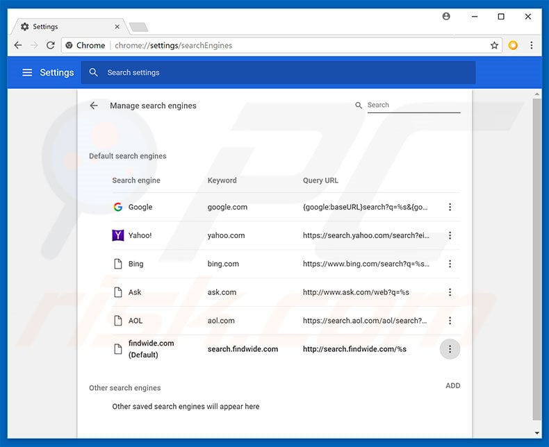 Removing search.findwide.com from Google Chrome default search engine