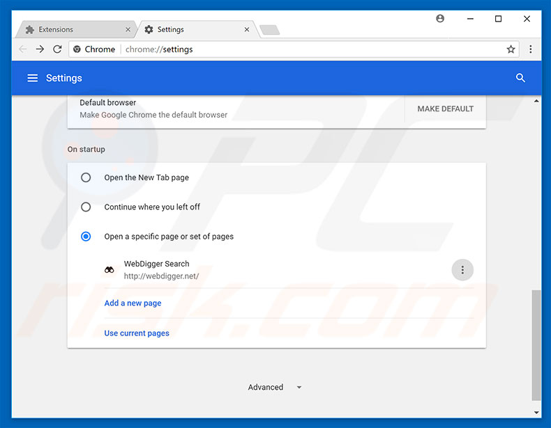 Removing webdigger.net from Google Chrome homepage