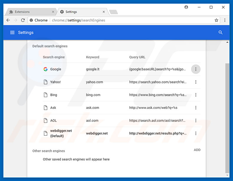 Removing webdigger.net from Google Chrome default search engine