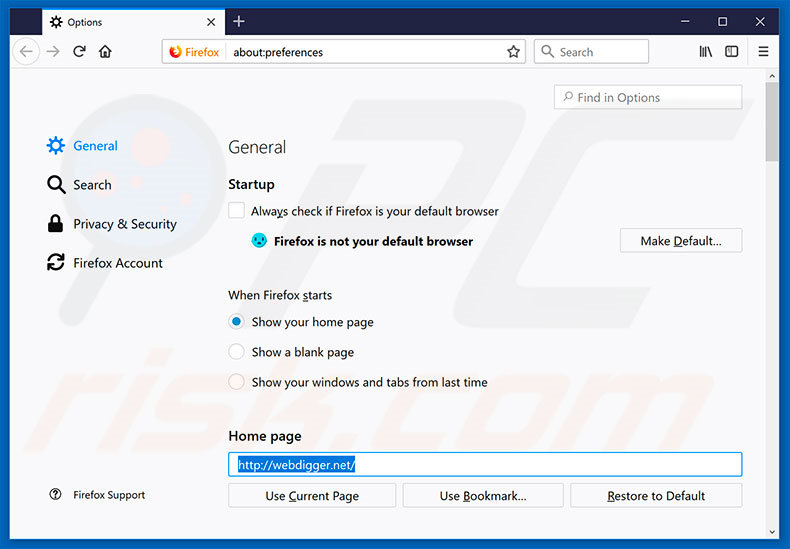 Removing webdigger.net from Mozilla Firefox homepage