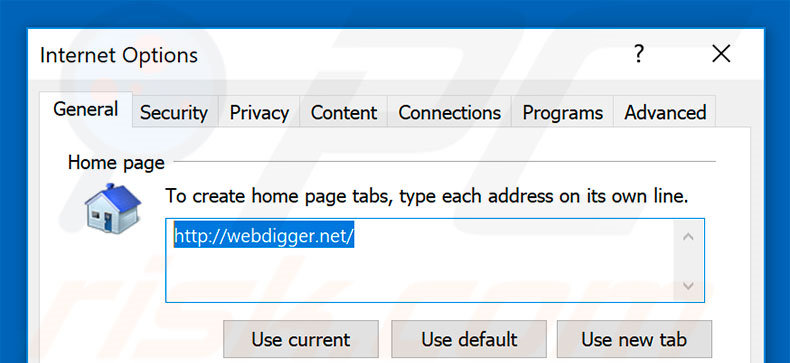 Removing webdigger.net from Internet Explorer homepage