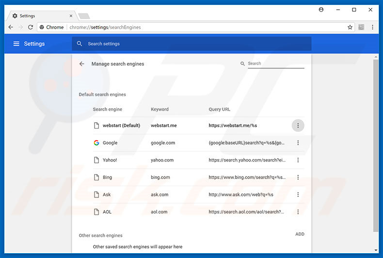 Removing webstart.me from Google Chrome default search engine