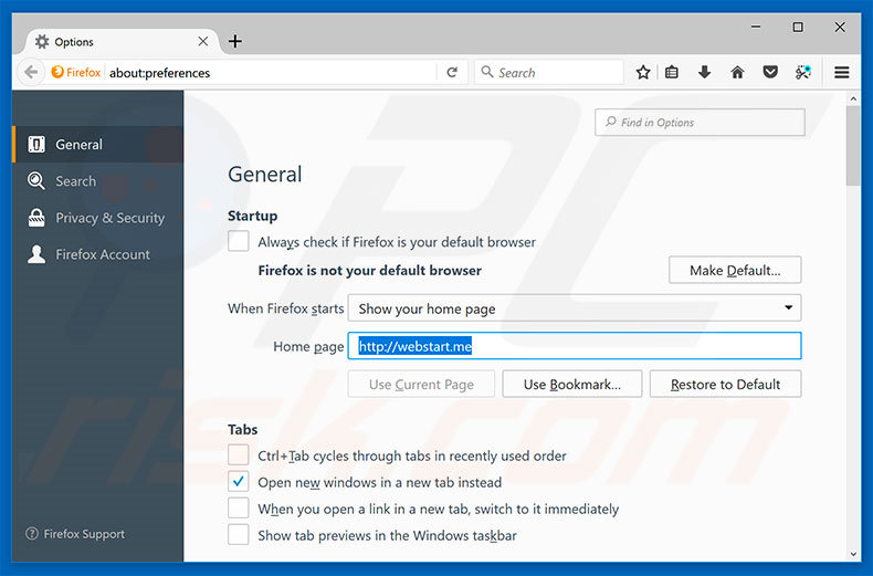 Removing webstart.me from Mozilla Firefox homepage