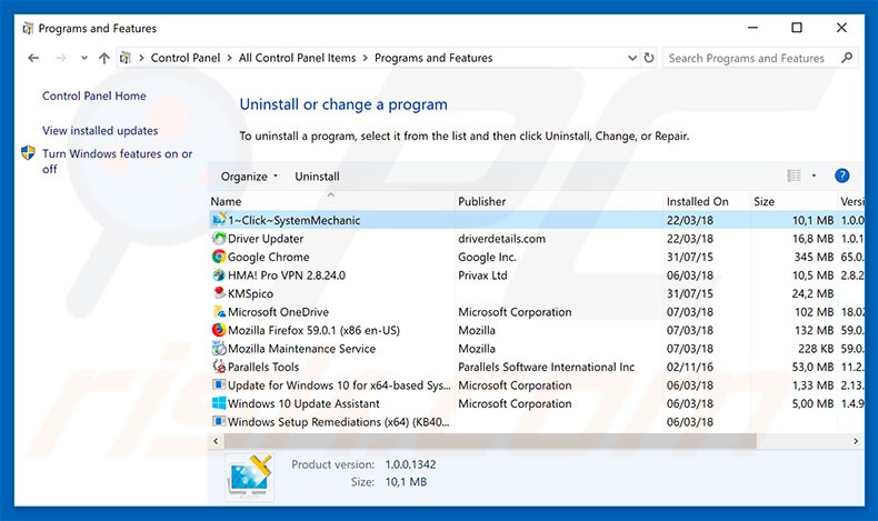 1Click System Mechanic adware uninstall via Control Panel