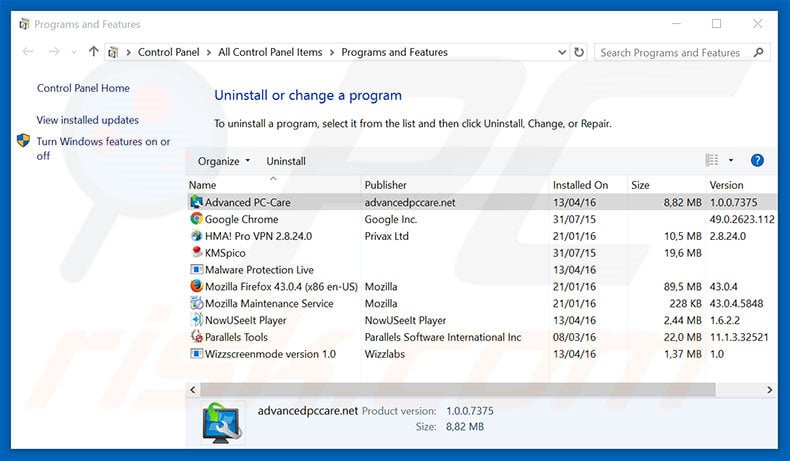 Advanced PC Care adware uninstall via Control Panel