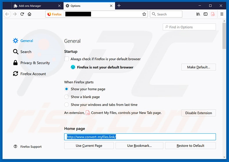 Removing convert-myfiles.link from Mozilla Firefox homepage