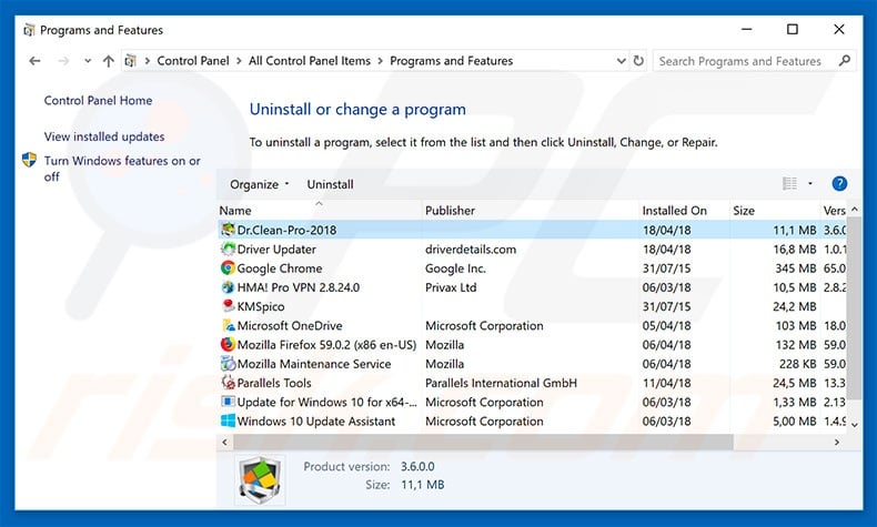 Dr. Clean Pro 2018 adware uninstall via Control Panel