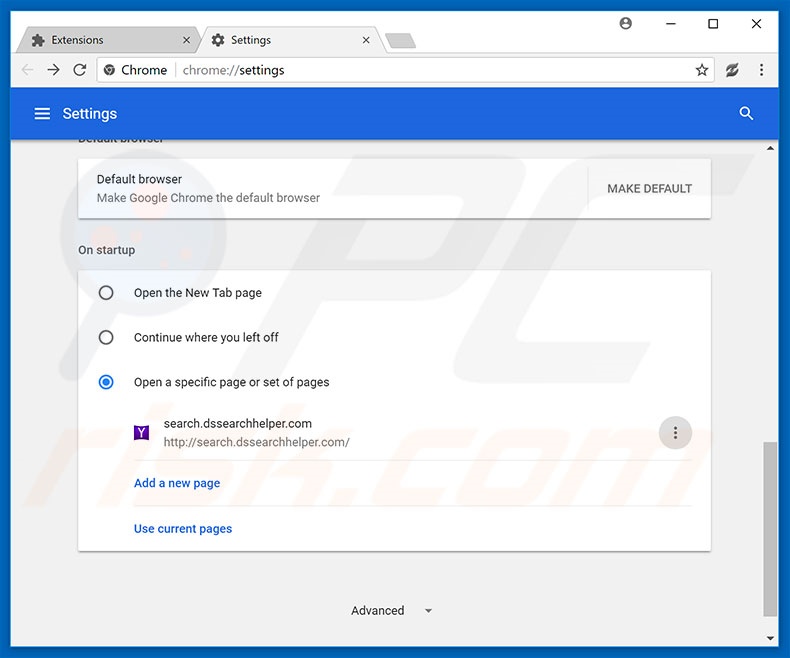 Removing search.dssearchhelper.com from Google Chrome homepage