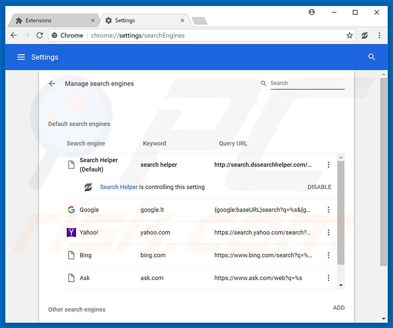 Removing search.dssearchhelper.com from Google Chrome default search engine