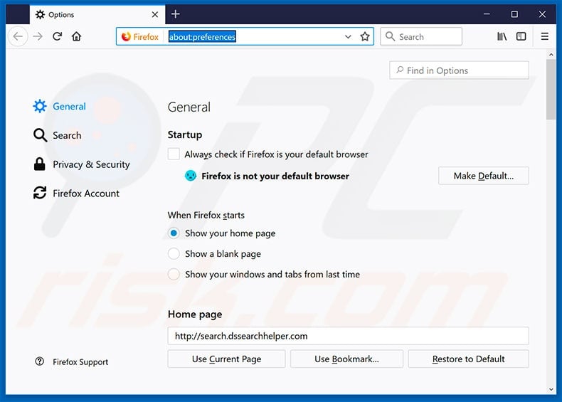 Removing search.dssearchhelper.com from Mozilla Firefox homepage