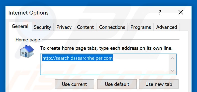 Removing search.dssearchhelper.com from Internet Explorer homepage