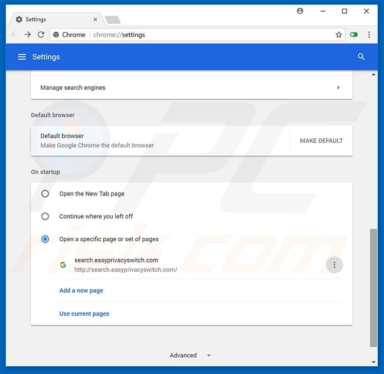 Removing search.easyprivacyswitch.com from Google Chrome homepage