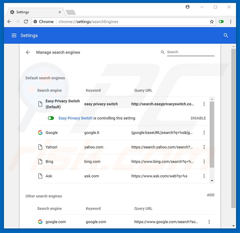 Removing search.easyprivacyswitch.com from Google Chrome default search engine