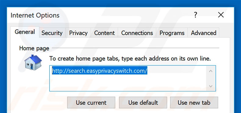 Removing search.easyprivacyswitch.com from Internet Explorer homepage