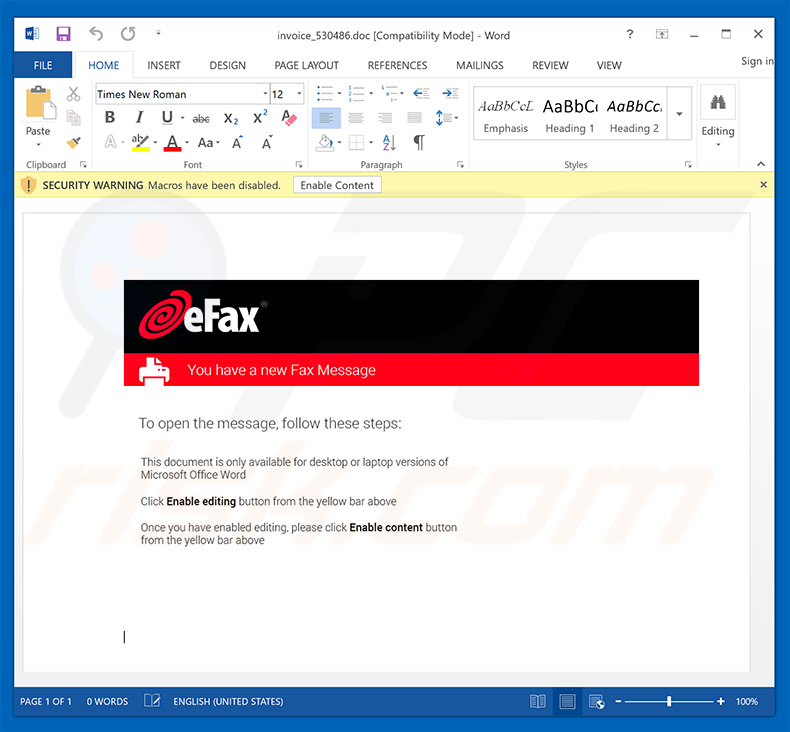 eFax Email Virus malicious attachment distributing Hancitor malware