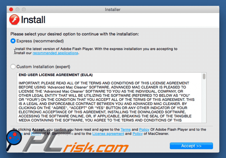 fake flash player installer distributing chumsearch.com and advanced mac cleaner pup