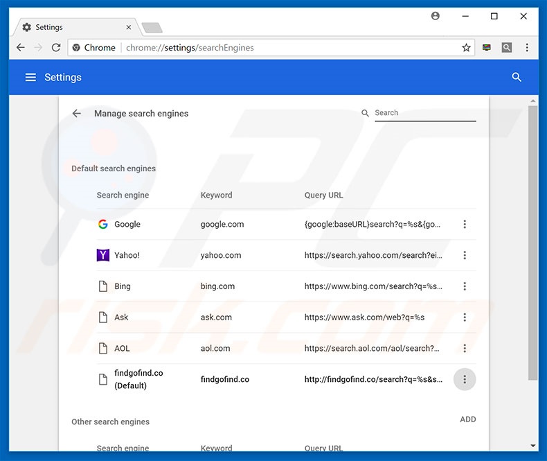 Removing findgofind.co from Google Chrome default search engine