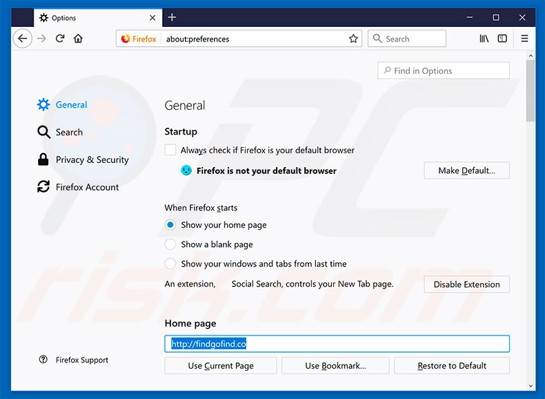 Removing findgofind.co from Mozilla Firefox homepage