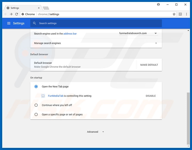 Removing search.funmediatabsearch.com from Google Chrome homepage