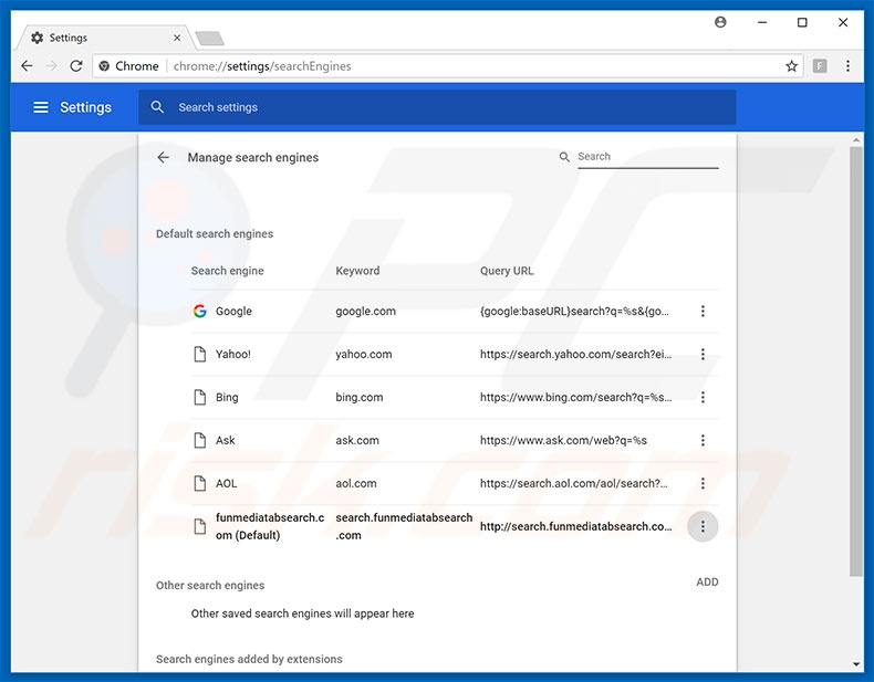 Removing search.funmediatabsearch.com from Google Chrome default search engine