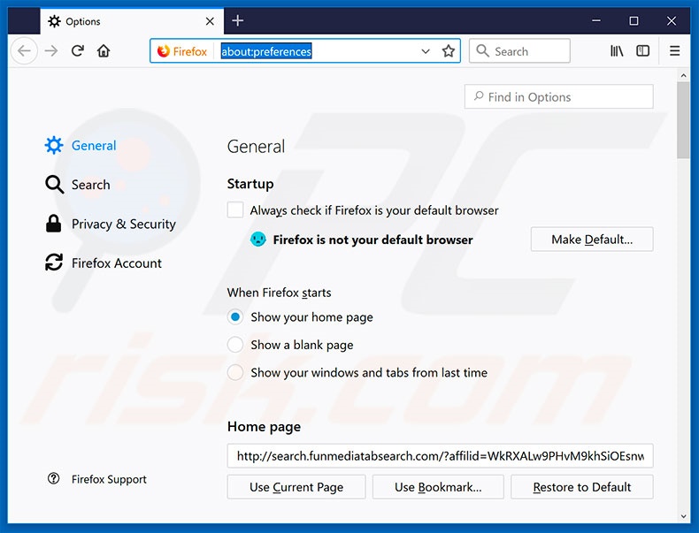 Removing search.funmediatabsearch.com from Mozilla Firefox homepage