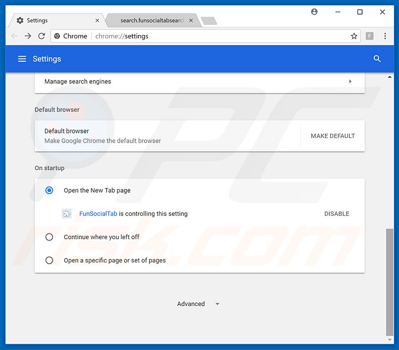 Removing search.funsocialtabsearch.com from Google Chrome homepage