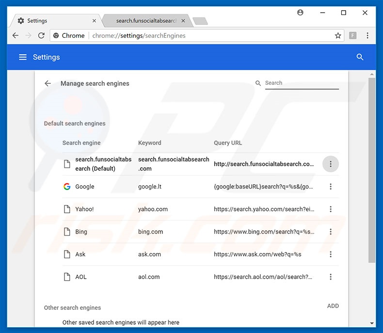 Removing search.funsocialtabsearch.com from Google Chrome default search engine